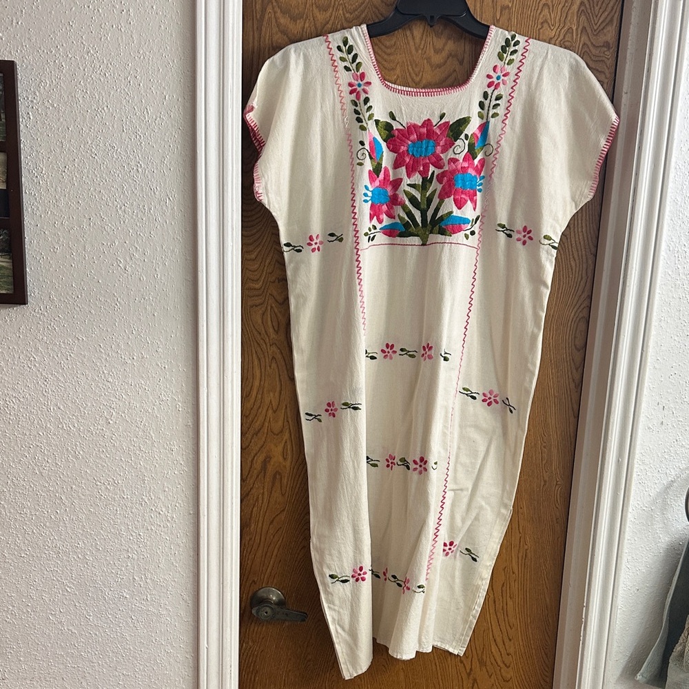 Mexican Embroidered Cream Dress with Floral Accents